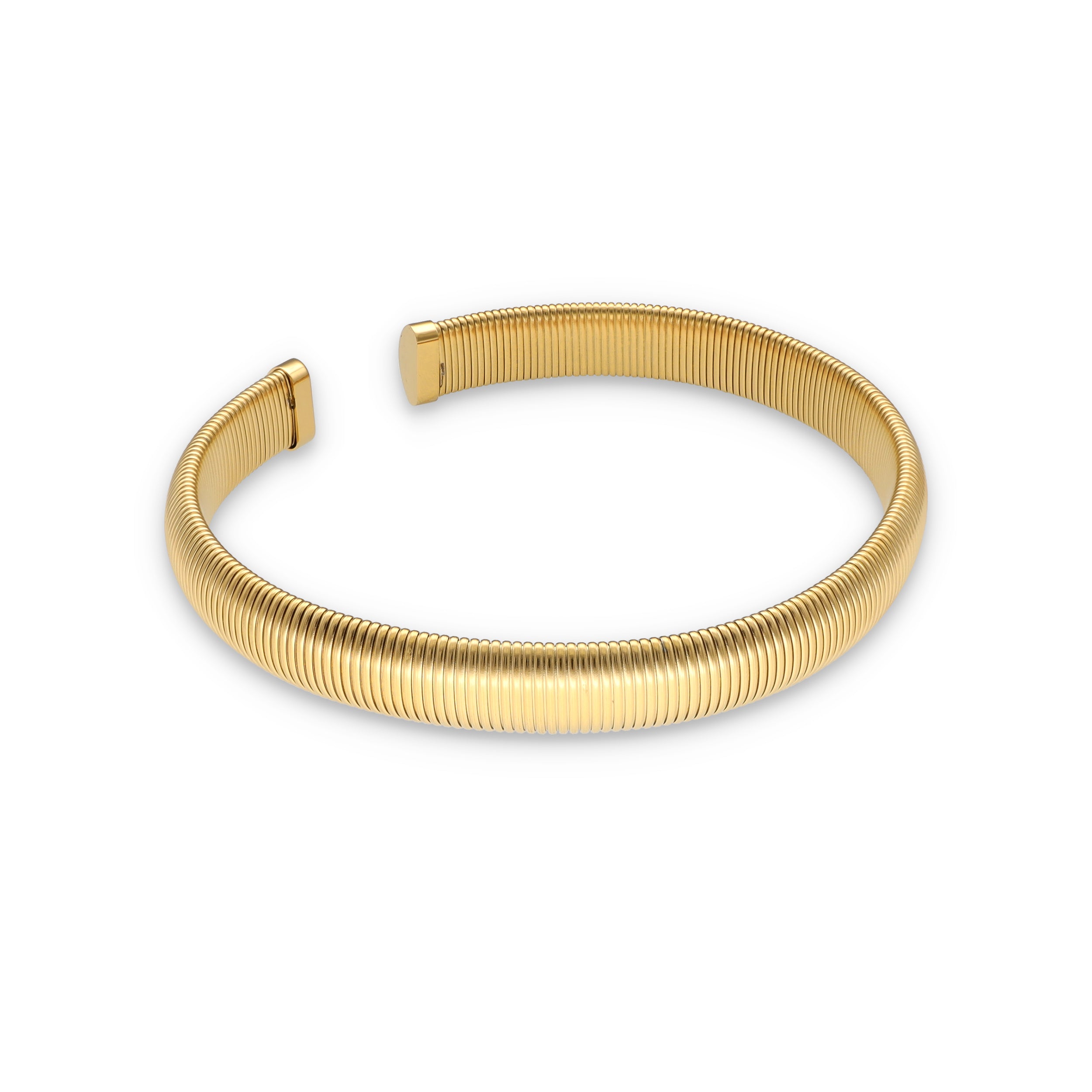 Produktibild von Halsreif JAHZARA von Schmucktick, Höhe 16 mm, geriffelte Optik, Edelstahl vergoldet, Must-Have Trendprodukt der Saison.