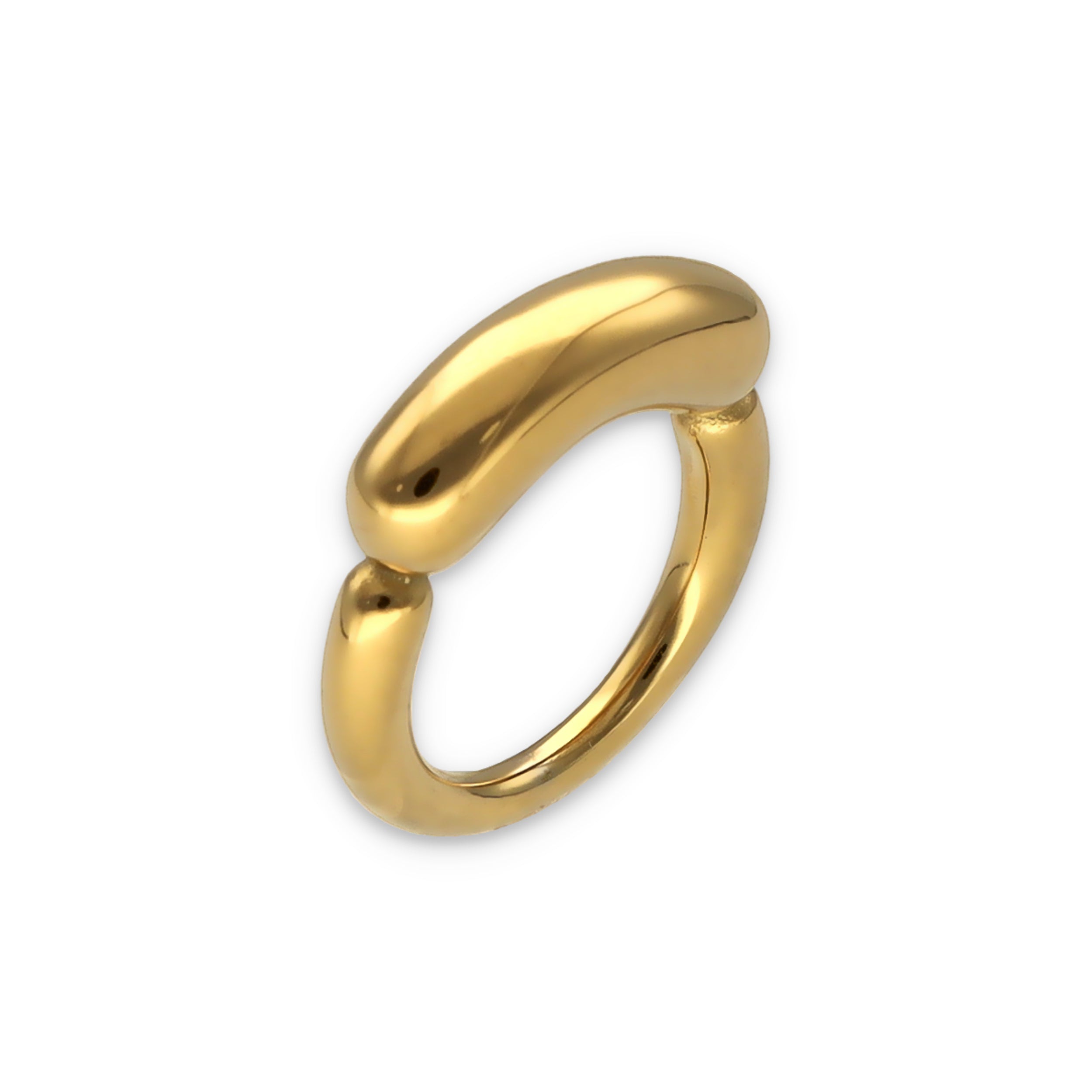 Statement-Ring von Schmucktick, vergoldeter Edelstahl, schmaler Ring mit oben aufgesetztem rundlichen Balken. 