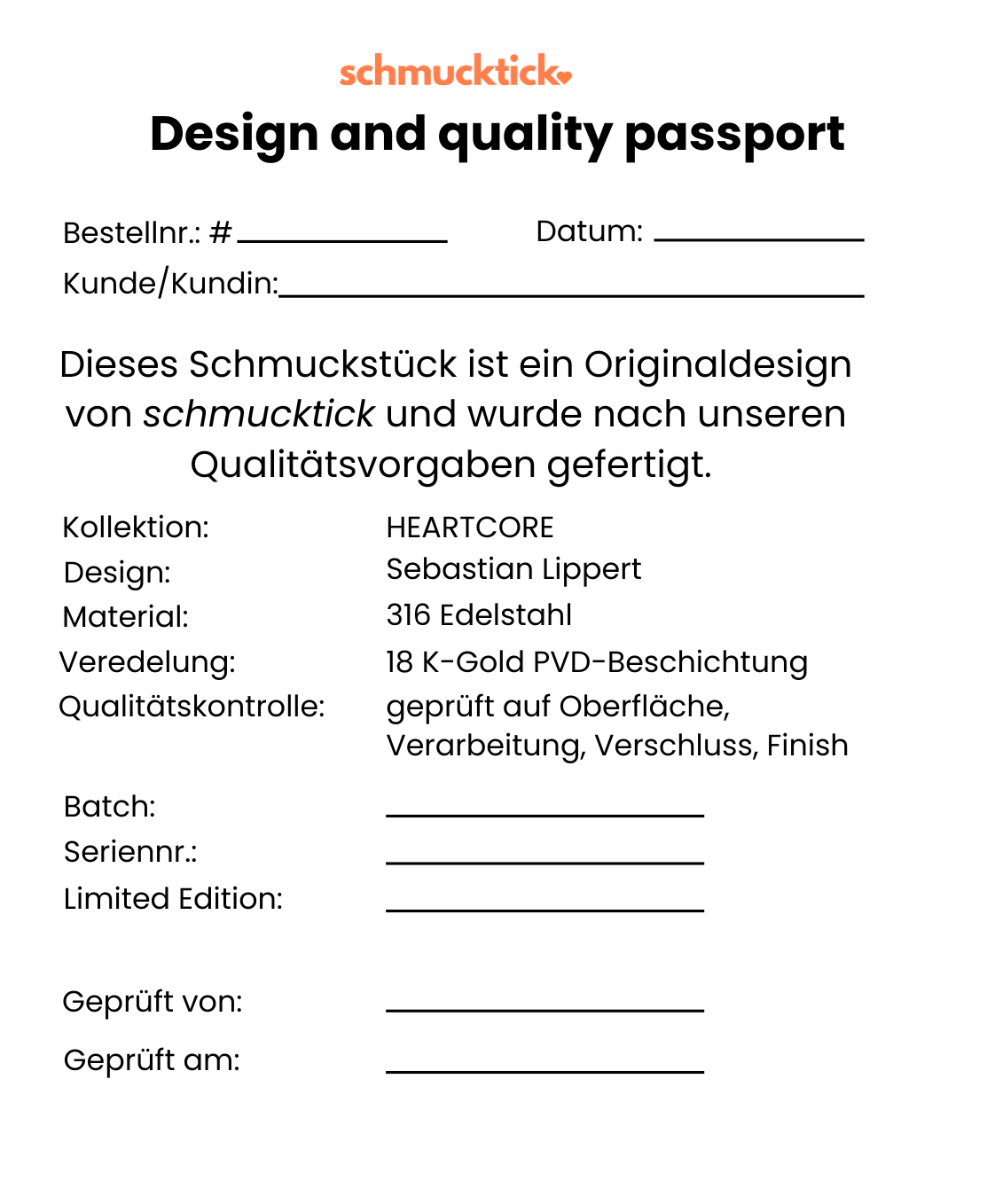Rückseite des Schmucktick Design and Quality Passport