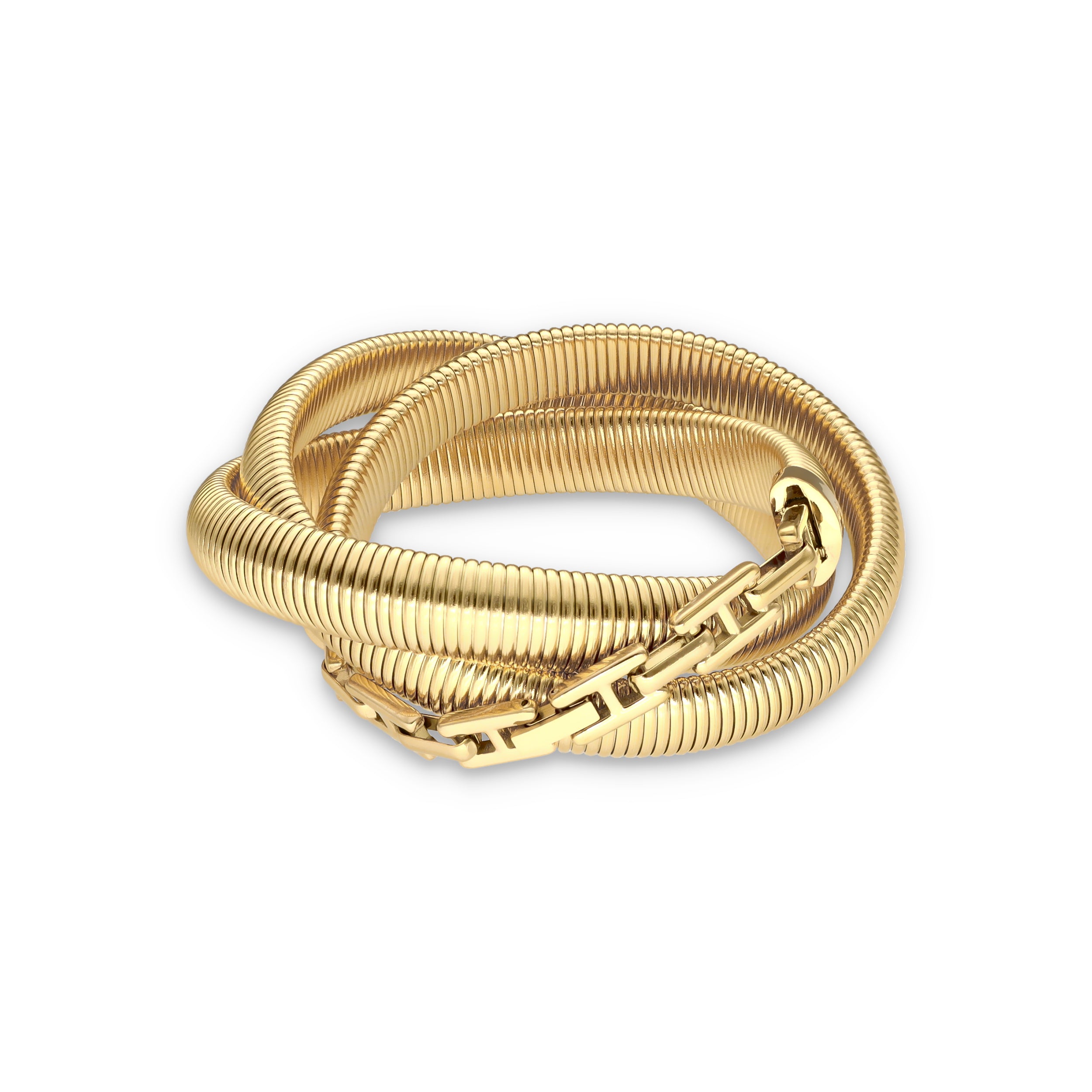 Produktbild von Wickelarmband RAAHI von Schmucktick. Must-Have Statement-Schmuck. Aus hochwertigem Edelstahl, vergoldet. Geriffeltes Design. 
